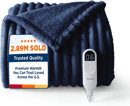 Bedsure Heated Blanket Electric Throw - Thick Striped Fast Heating Electric Blanket with Preheat Function, 6 Heat & 6 Timer (Up to 10H), 8H Auto Off, ETL Certified, Gifts for Women (50"x60", White)