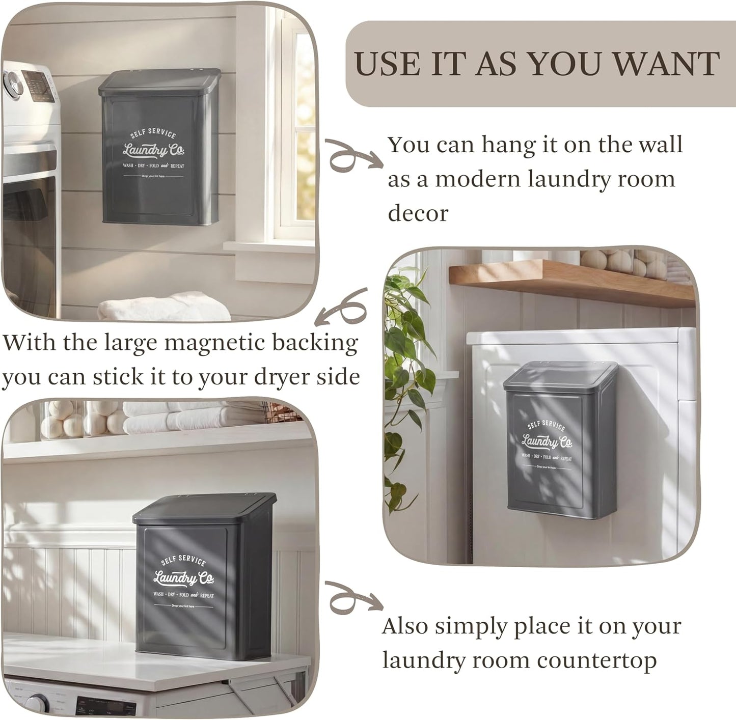 MONJITA Magnetic Lint Bin for Laundry Room, Wall Mounted Lint Trash Can with Lid for Dryer, Laundry Room Organization and Storage with Brush(Black)