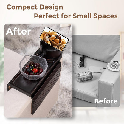 Couch Cup Holder for Armrests Over 4.9" Wide with 360° Phone Stand Walnut | Couch Arm Tray with 360° Rotating Phone Stand, 3 in 1 Foldable Sofa Arm Tray Table for Remote, Snacks, Phone, Drinks