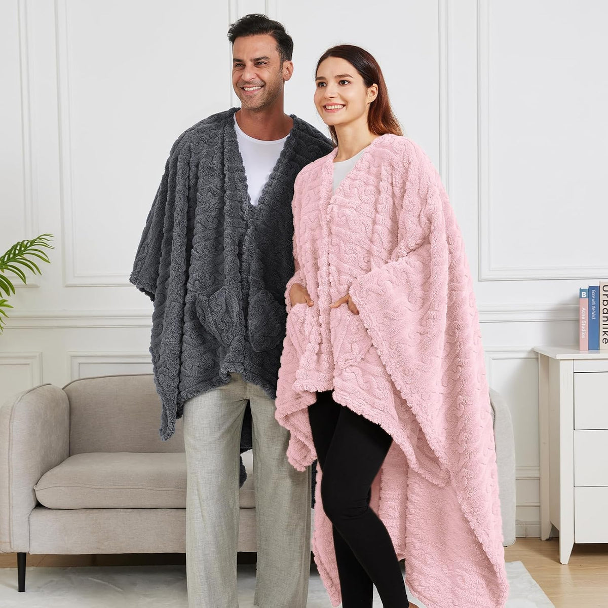 Wearable Blanket Sherpa Fleece Shawl Blanket with Pockets Blanket Poncho Cape for Adults, Cozy Shawl TV Throw Blankets