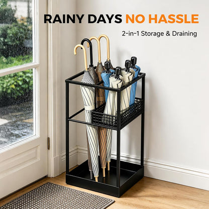 Freestanding Umbrella Stand Rack for Entryway, Metal Umbrella Holder with Removable Drip Tray and Storage Basket, Large Capacity Organizer for Long and Folding Umbrellas Indoor Office Home (Black)