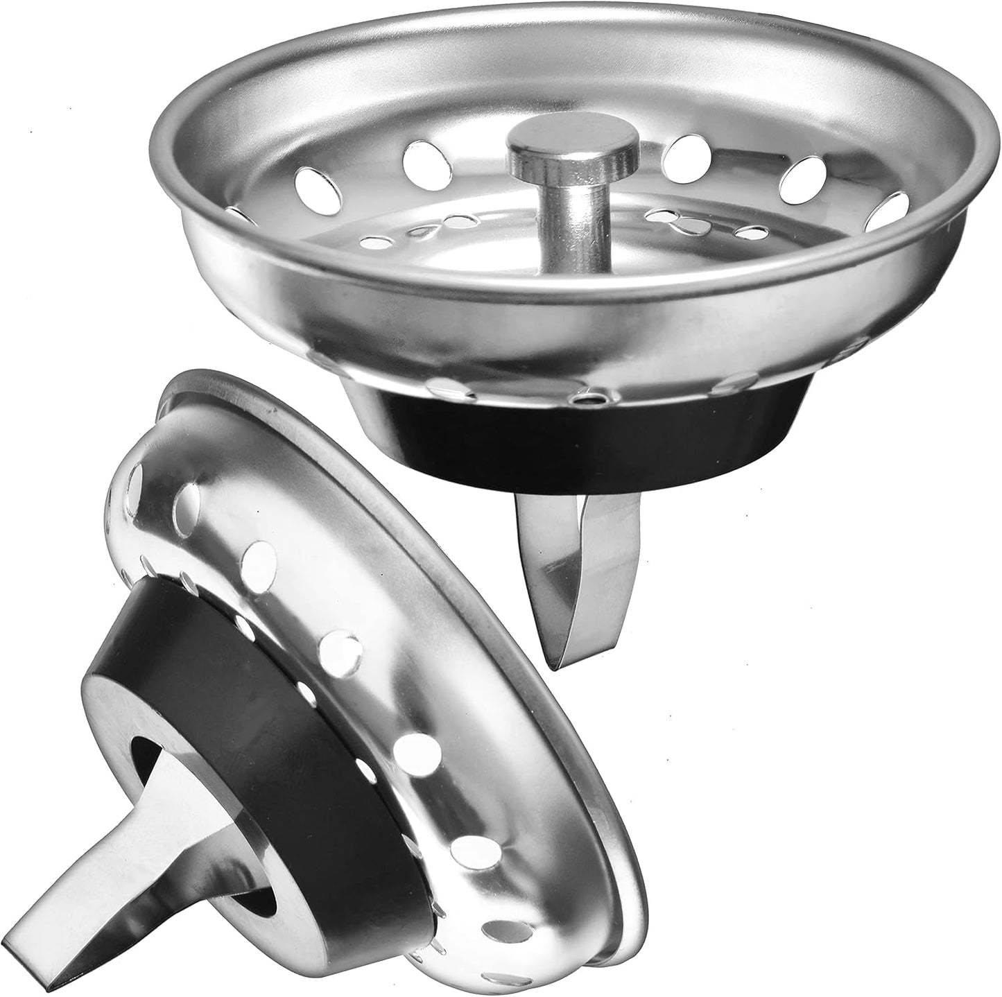 2 Pack Kitchen Sink Strainer and Stopper Combo Basket Replacement | For Standard 3-1/2 inch Drain, Spring Clip, Stainless Steel Basket and Rod, Rubber Stopper Bottom