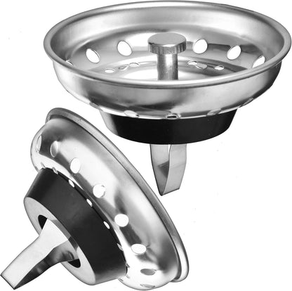 2 Pack Kitchen Sink Strainer and Stopper Combo Basket Replacement | For Standard 3-1/2 inch Drain, Spring Clip, Stainless Steel Basket and Rod, Rubber Stopper Bottom