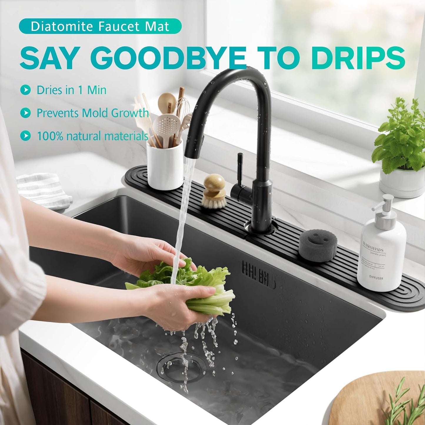 Stone Faucet Mat for Kitchen Sink – Diatomite Fast-Drying Stone Tray, Faucet Mat Sink Splash Guard, Decorative Sink Protector for Kitchen Bathroom Counter (Light Grey, 20''x3.9'')