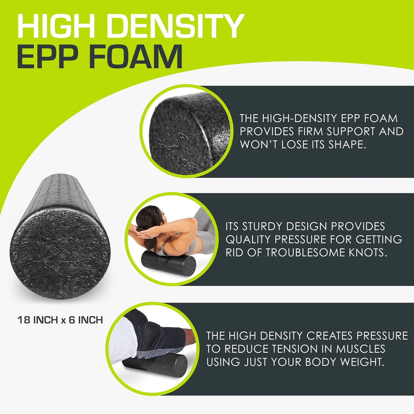 ProsourceFit High Density Foam Rollers 12 - inches long, Firm Full Body Athletic Massage Tool for Back Stretching, Yoga, Pilates, Post Workout Muscle Recuperation, Black