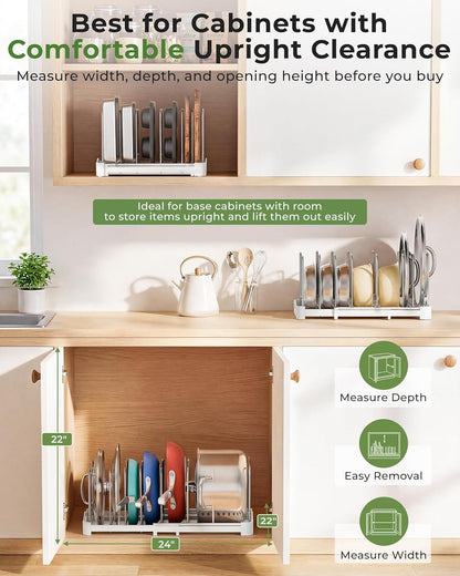EVERIE Adjustable Cabinet Organizer for Pot Lids, Bakeware, Cookie Sheets & Cutting Boards, Upright Storage Rack for Kitchen Cabinet, Stable Dividers, 9.7" Deep, 12.6" to 21.5" Wide, GS02SS | 5mm Steel Dividers, Anti-Wobble, M-Slot for Lid Handles,