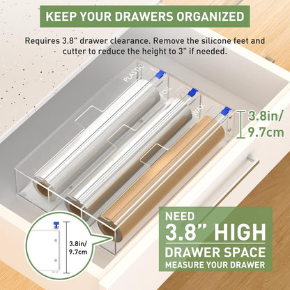 3 in 1 Clear Acrylic Foil, Plastic Wrap Organizer with Cutter | Kitchen Storage, Aluminum Foil Dispenser, Wax Paper Holder, For Drawer or Wall Mount, Fits 12 Inch Roll