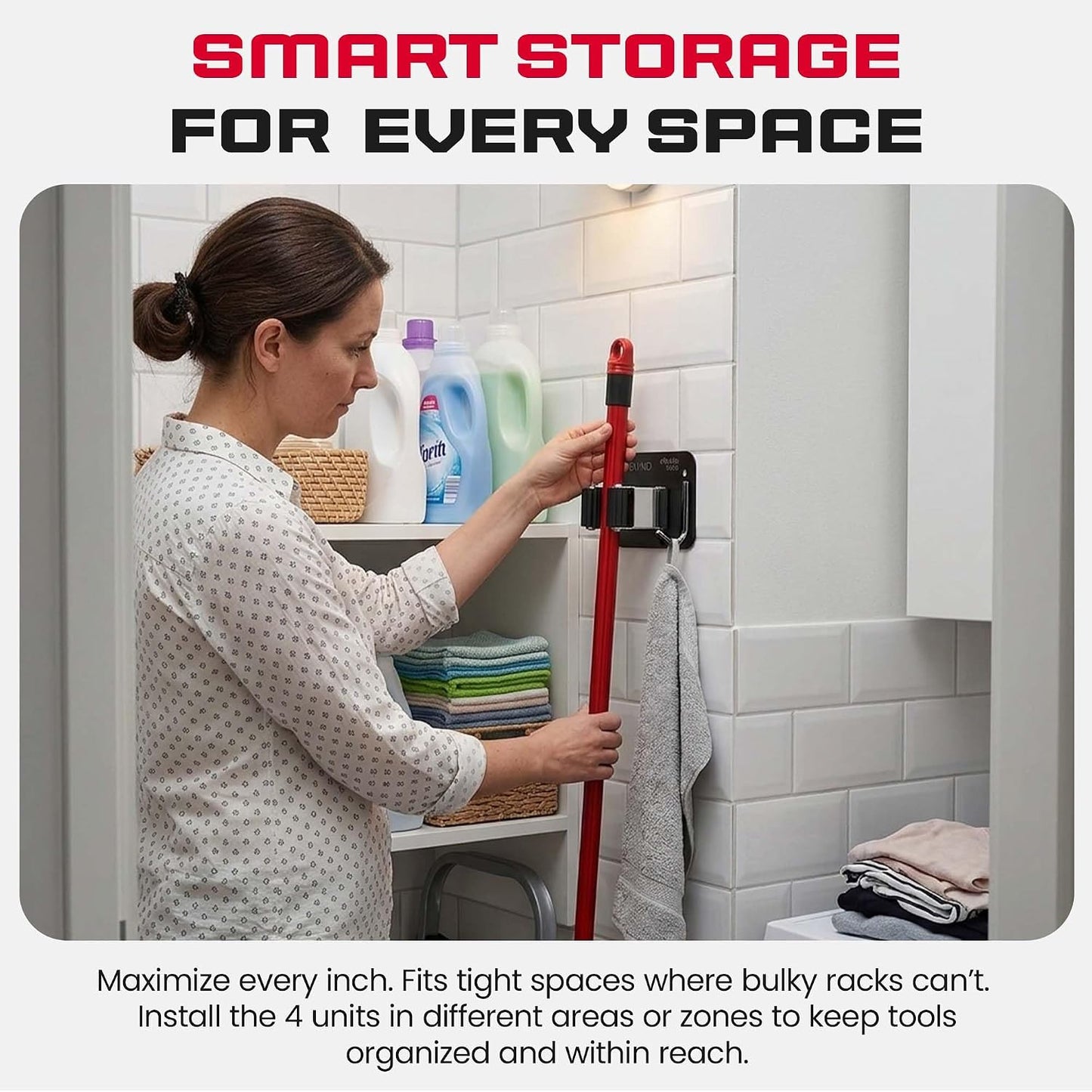 Wall Mount Hanger for Brooms & Mops - Adhesive Stainless Steel Mops & Broom Holder, 4 Clamps, 3 Hooks, & 5 Towel Hanger Clips Including Mounting Hardware for Utility Room Organization