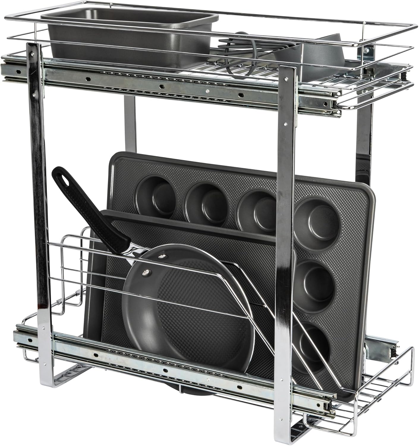Household Essentials Glidez Multipurpose Chrome-Plated Steel Pull-Out/Slide-Out Storage Organizer for Cookware and Bakeware - 2-Tier Design - Fits Standard Size Cabinet or Shelf, Chrome