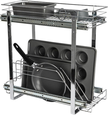 Household Essentials Glidez Multipurpose Chrome-Plated Steel Pull-Out/Slide-Out Storage Organizer for Cookware and Bakeware - 2-Tier Design - Fits Standard Size Cabinet or Shelf, Chrome