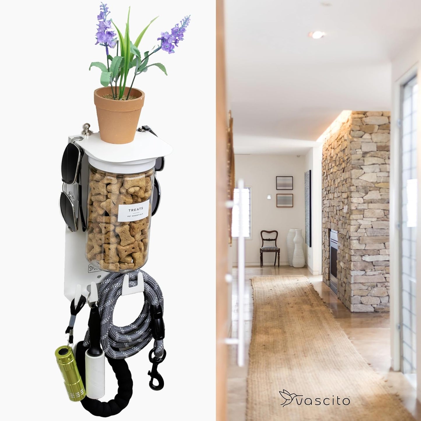 Dog Leash Holder for Wall with Shelf — Wall Mounted Dog Treat Holder & Station, 2 Airtight 32oz Treat Containers, 9 Hooks, Patented Lidless Slide-to-Seal Jars, Solid Steel, Made in USA