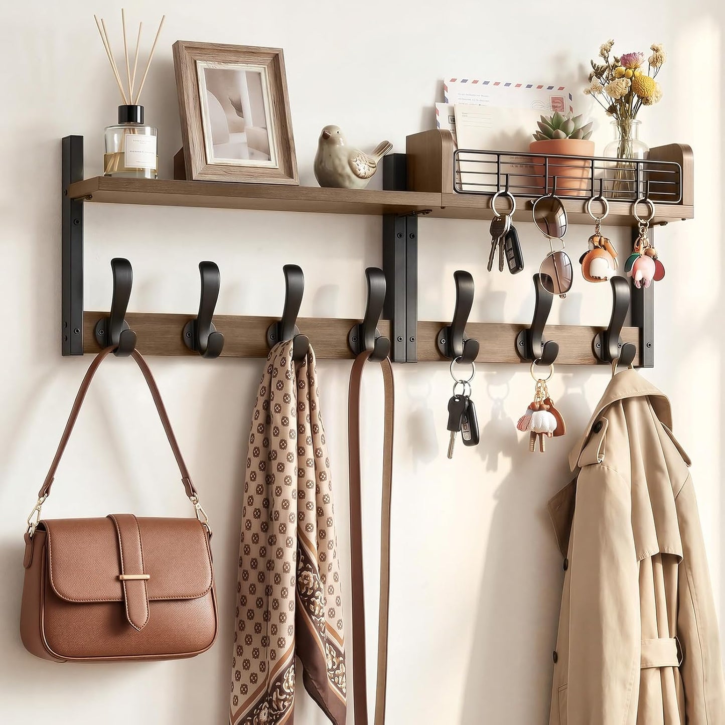Delamu 29" Large Coat Rack Wall Mount with Shelf, 4 in 1 Shelf with 11 Hooks, Wooden Key and Mail Holder for Wall for Entryway, Living Room and Bedroom, Brown