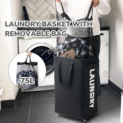 CHICVITA 75L Large Rolling Laundry Basket with Wheels & Wash Bag, Grey | Collapsible design saves space for corner dorms. Removable wash bag for easy laundry transport