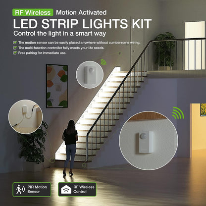 RAYZEEK Wireless Motion Activated LED Strip Lights,19.7FT LED Strip Lights with Power Adapter,Wireless Motion Sensor Control Dimmer,Timing,Cool White (1×Controller+2×Motion Sensor)