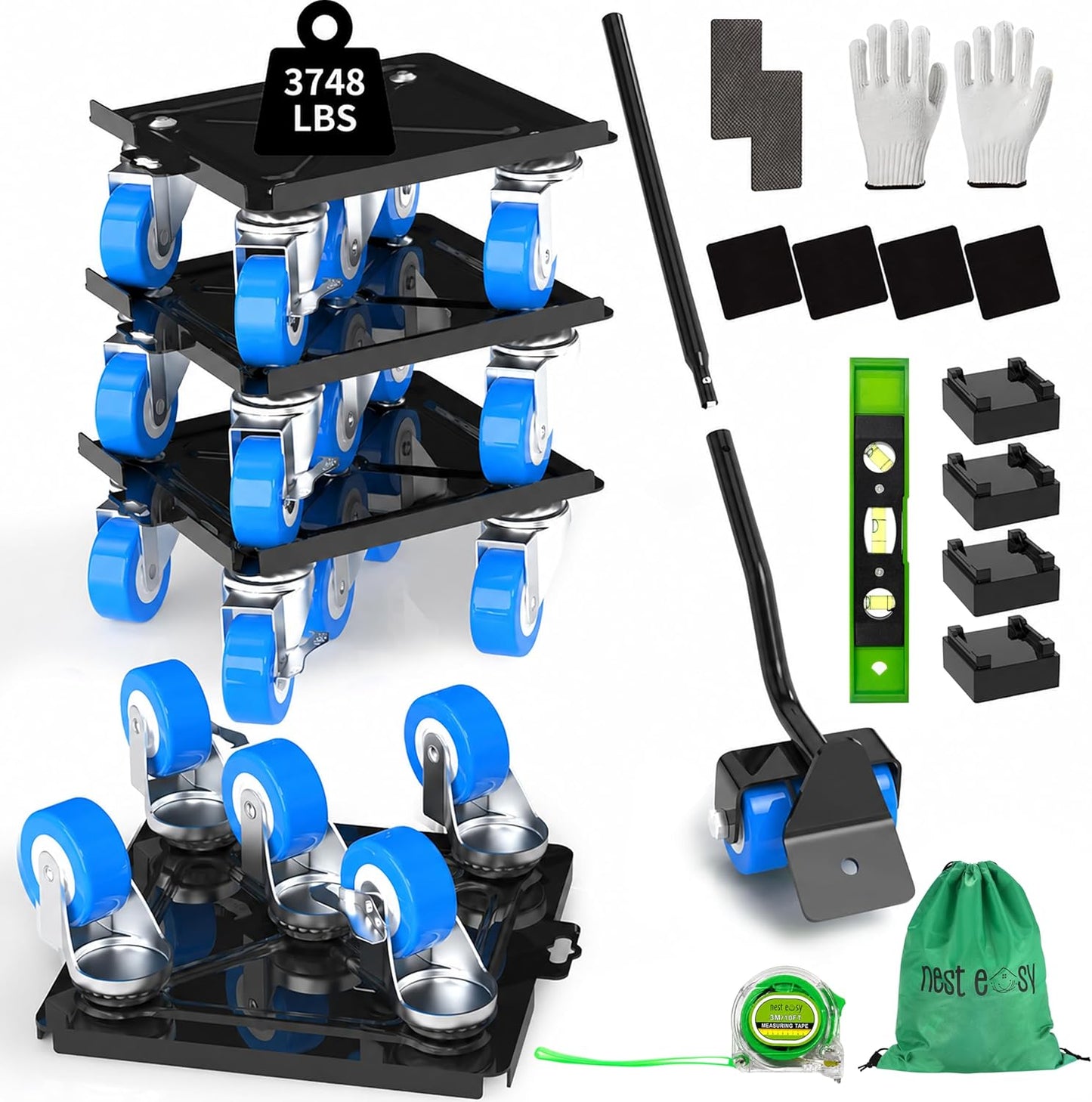 Heavy Duty Furniture Dolly 360 Rotate 5 Wheels 3000 Lbs Capacity 5.3x5.3 in | Furniture Movers with Green Wheels, Measure Tape & Leveler, Alloy Steel Furniture Lifter Tool for Smooth Home & Office Uses