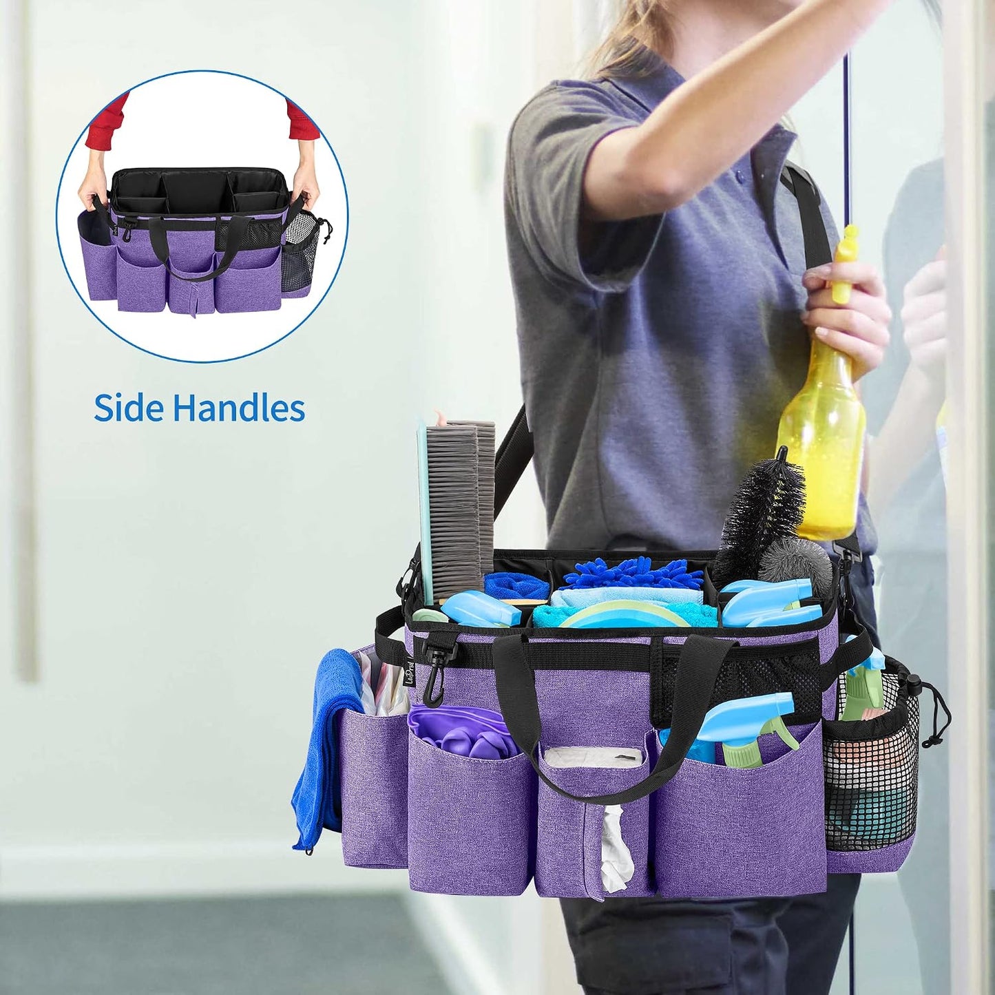 LoDrid Wearable Cleaning Caddy Bag with 4 Foldable Dividers, Black | Cleaning Supply Organizer with Shoulder Strap and Side Handles for Cleaners & Housekeepers