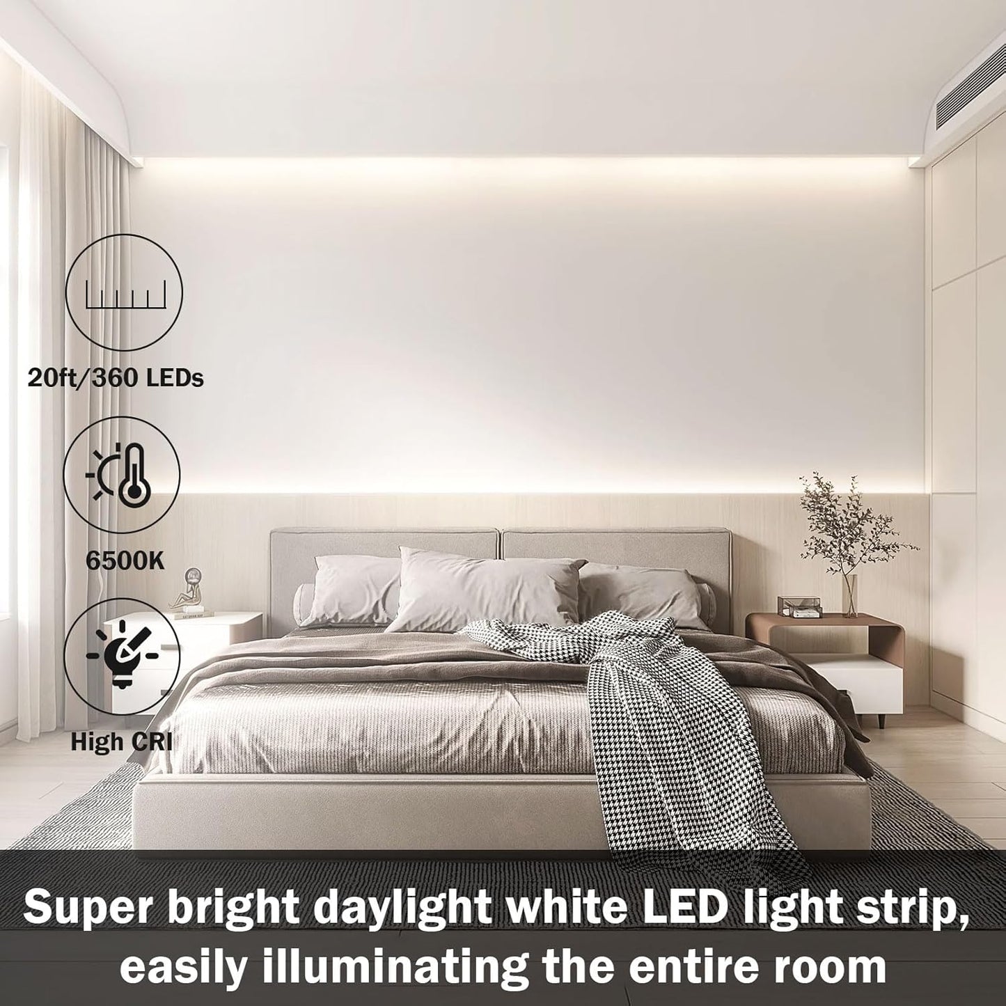 20FT White LED Strip Lights with Motion Sensor, 6500K Daylight Motion Sensing Dimmable 12V 360 LEDs Flexible Cuttable Tape Lights for Bedroom Kitchen Cabinet Ceiling Lighting