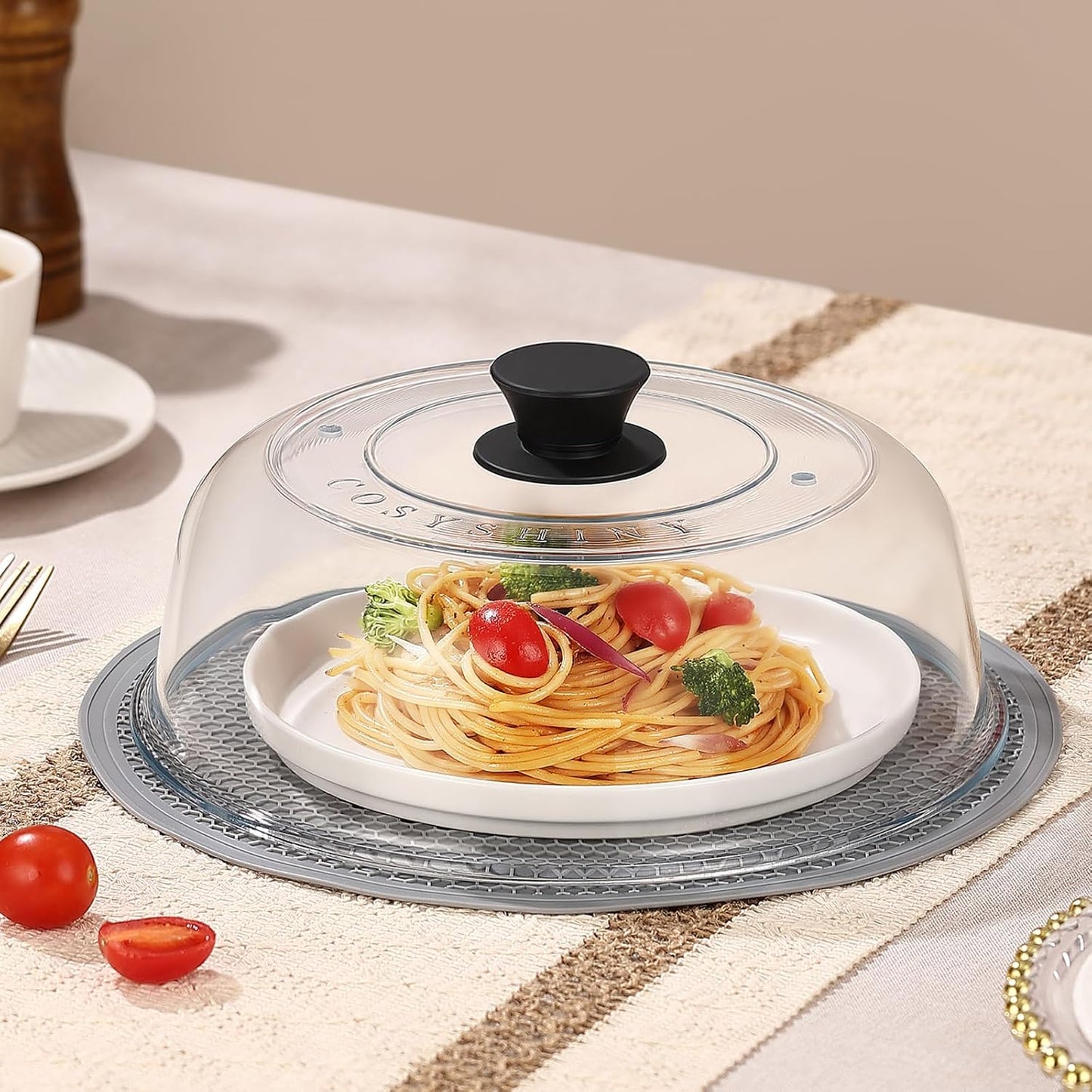 High Borosilicate Glass Microwave Splatter Cover for Food with Silicone Mat, Plate Guard Lid with Vent Hole