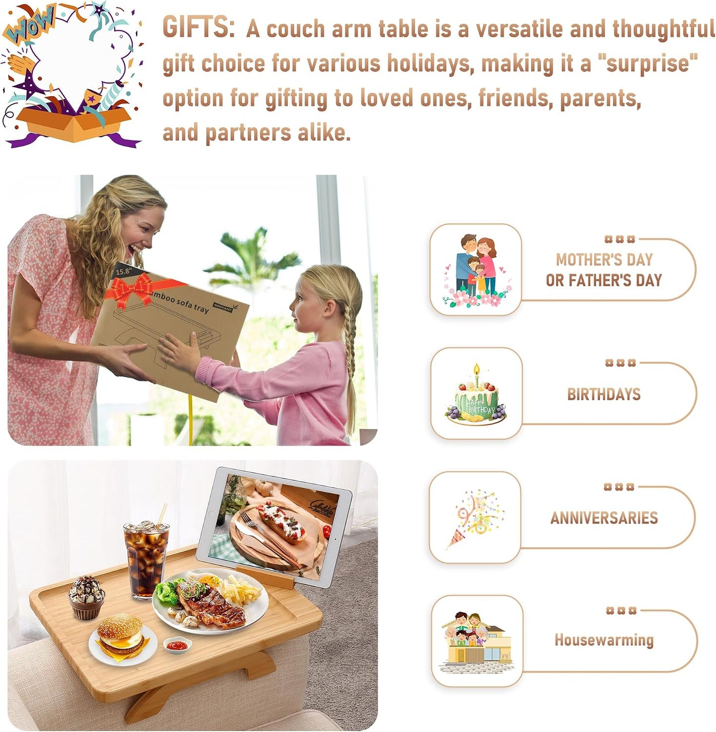 Couch Arm Tray,Bamboo Sofa Clip on Side Table,Foldable Couch Armrest Table with 360°Rotating Phone Holder,Anti Slip Food Trays for Eating/Drinks/Snacks/Remotes 15.35" x 9.85"