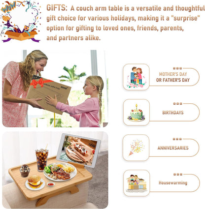 Couch Arm Tray,Bamboo Sofa Clip on Side Table,Foldable Couch Armrest Table with 360°Rotating Phone Holder,Anti Slip Food Trays for Eating/Drinks/Snacks/Remotes 15.35" x 9.85"