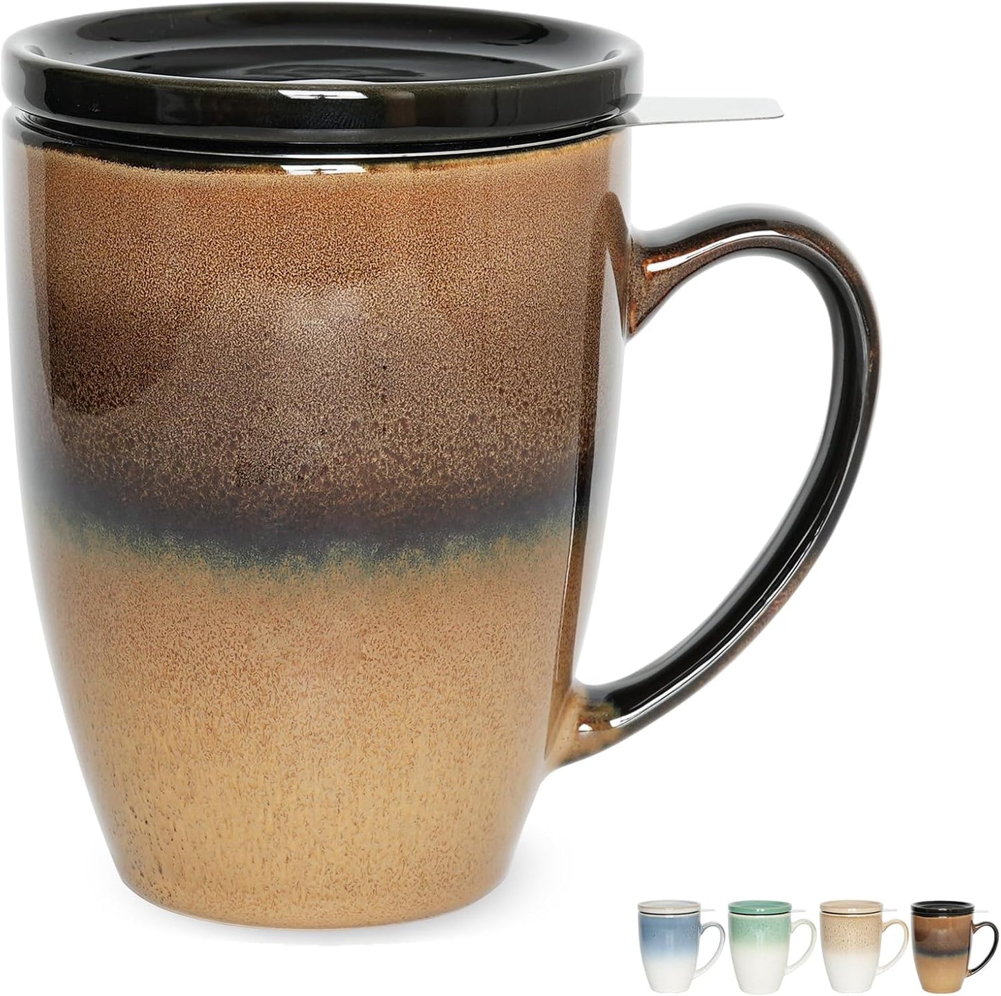 Bosmarlin Ceramic Tea Cup with Infuser and Lid, 13.5 Oz, Loose Leaf Tea Steeper Mug with Strainer, Microwave and Dishwasher Safe, Reactive Glaze (13.5 Oz, Pale Green)