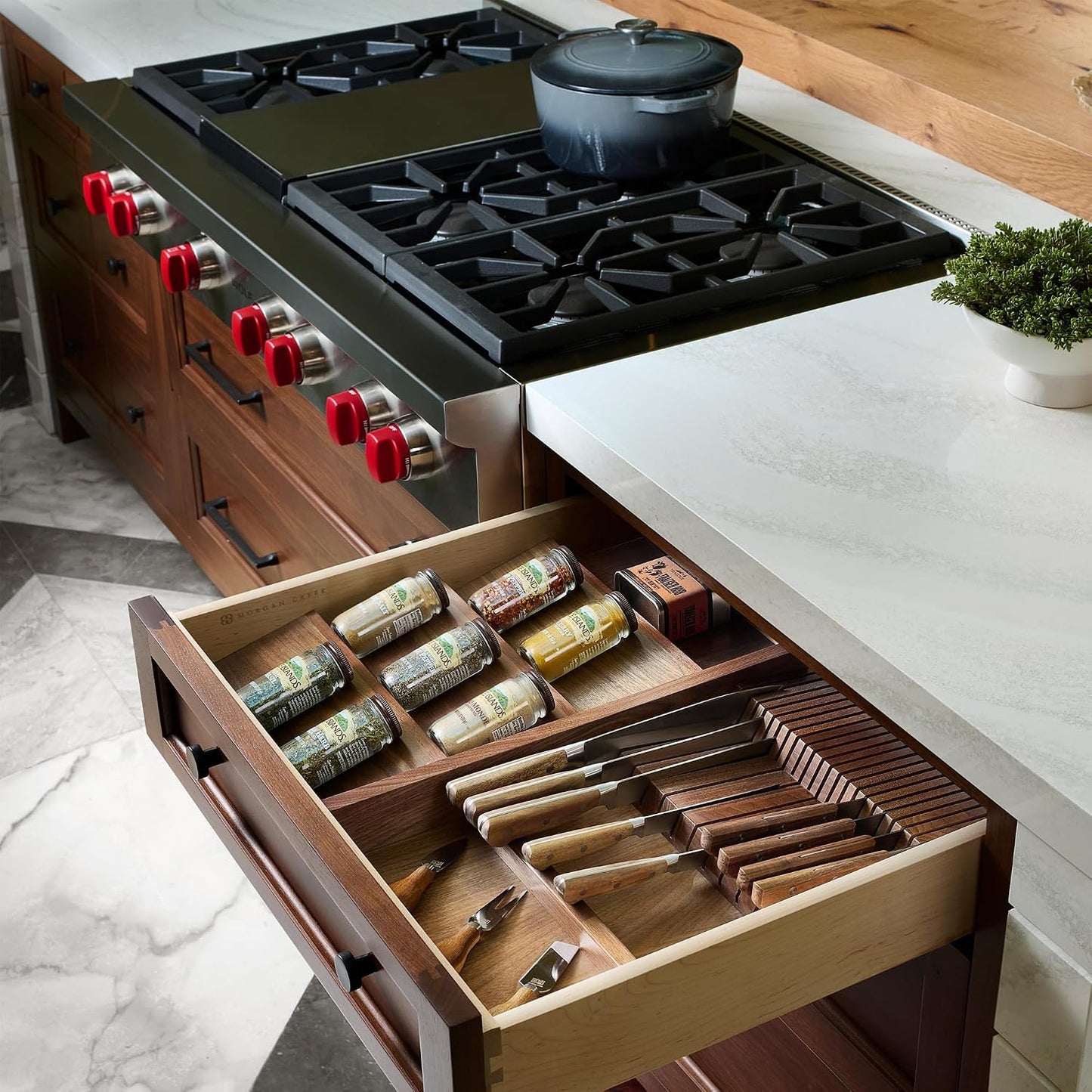 Rev-A-Shelf Trim-to-Fit Knife Block Drawer Insert Organizer with Separate Compartment for Kitchen Utensils, 55 Slot Storage Tray, Walnut, 4WDKB-WN-1