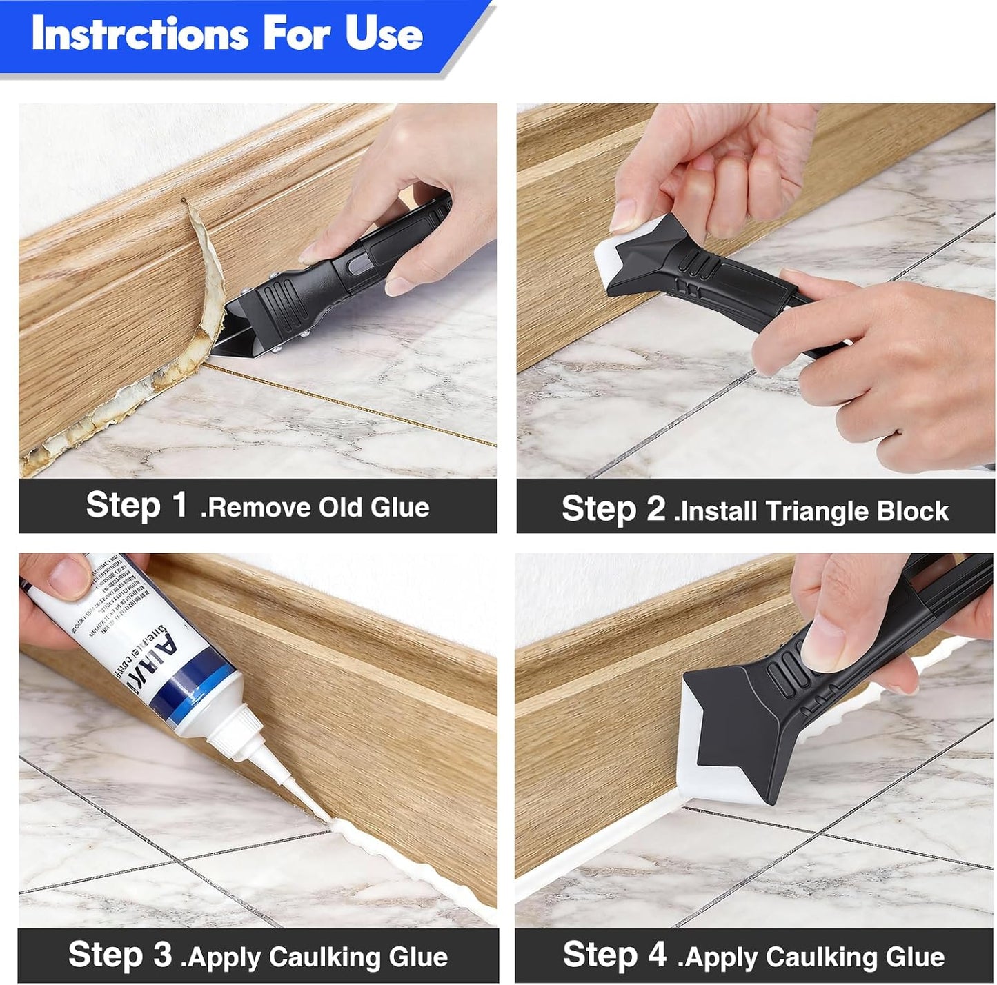 Caulking Tool 5 in 1, Caulk Remover & Silicone Sealant Finishing Kit with Grout Scraper and 6 Silicone Pads, Ideal for Kitchen, Bathroom, and Window Sealing