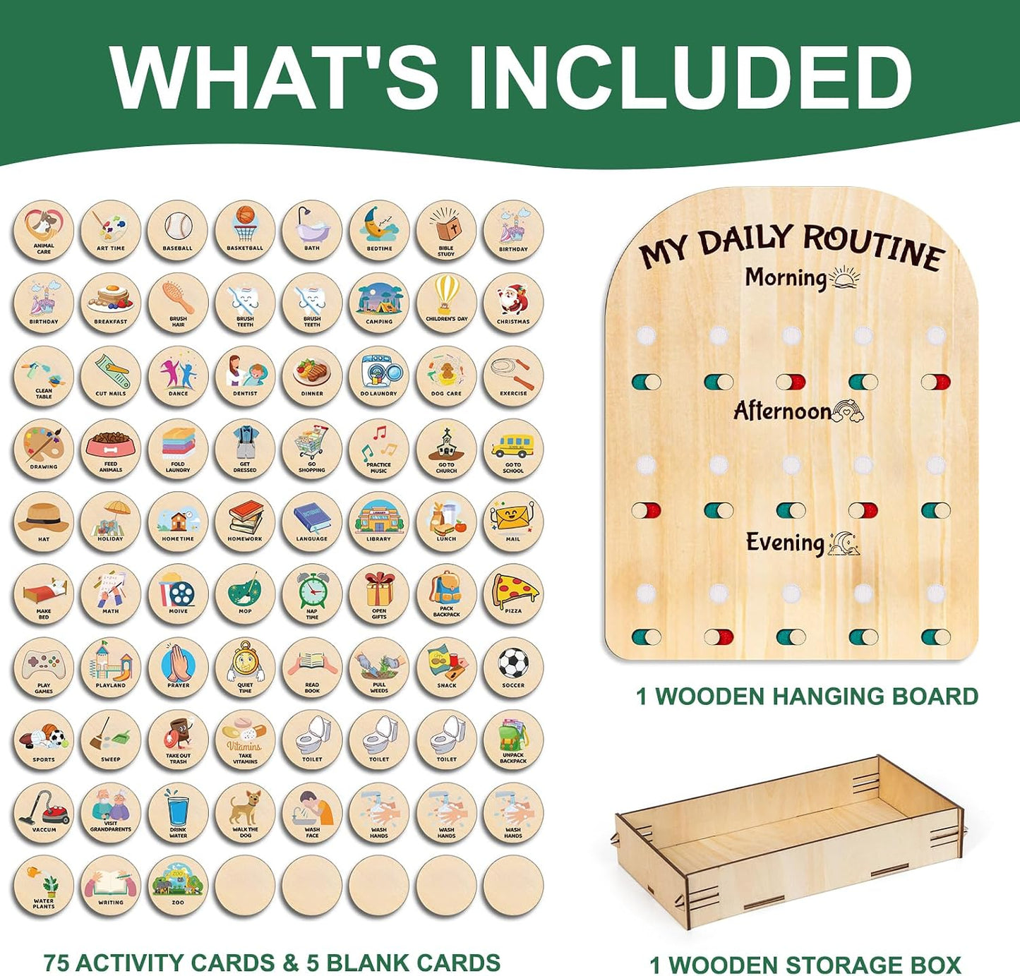 Wooden Chore Chart for Kids, Daily Visual Routine Schedule Educational Gift | 80 Task Cards & Sliding Buttons | Morning & Bedtime Responsibility Board for Toddlers Ages 3-5 | Montessori Educational Gift
