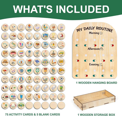 Wooden Chore Chart for Kids, Daily Visual Routine Schedule Educational Gift | 80 Task Cards & Sliding Buttons | Morning & Bedtime Responsibility Board for Toddlers Ages 3-5 | Montessori Educational Gift