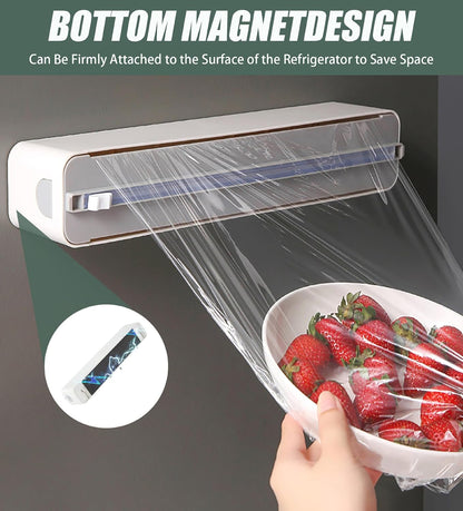 Magnetic Plastic Wrap Dispenser with Cutter for Kitchen. | Fits 12" Rolls. Strong Magnetic Mount for Fridge or Metal Surfaces. Hidden Blade. Dual Mounting: Magnetic + Adhesive Hooks.