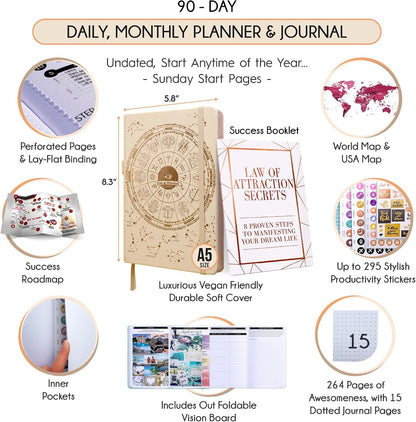 Freedom Mastery Daily Journal of Gratitude, Productivity & Habit Tracker | Undated 90-Day Planner with Daily Reflection, Mindfulness, Positivity, Vision Board & Stickers, Gratitude Journal for Women