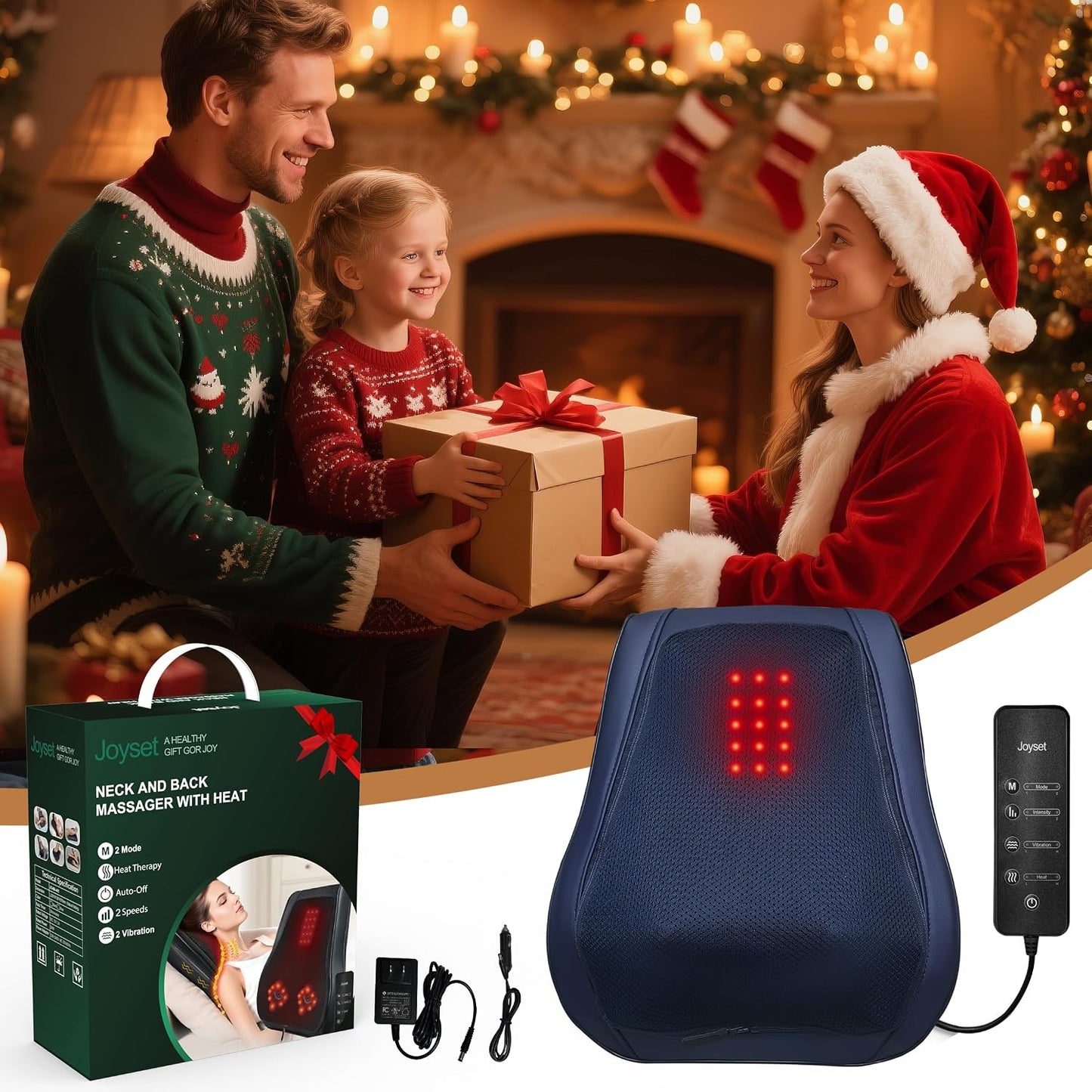 Joyset Back Massager with Heat, Shiatsu Chair Cushion for Lower Back | Upper & Lower Back 2-Level Heat, 16 Nodes Bidirectional Deep Kneading, Removable Washable Cover, Universal Fit for Mom, Dad