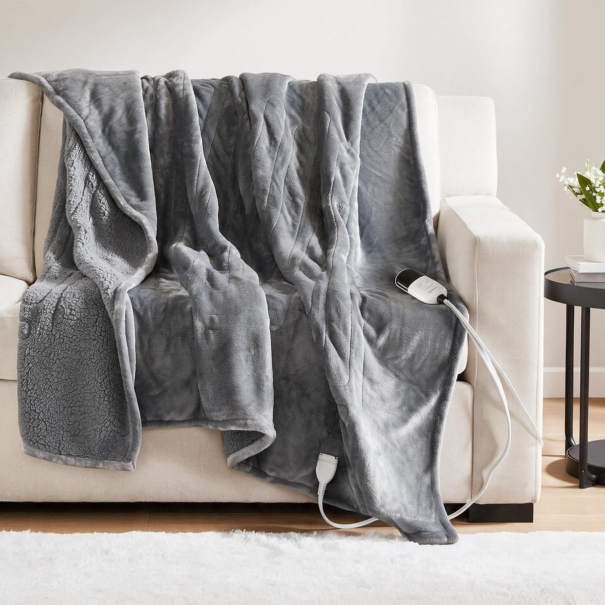 Beautyrest Reversible Heated Throw - Plush Sherpa Heating Blanket, Grey