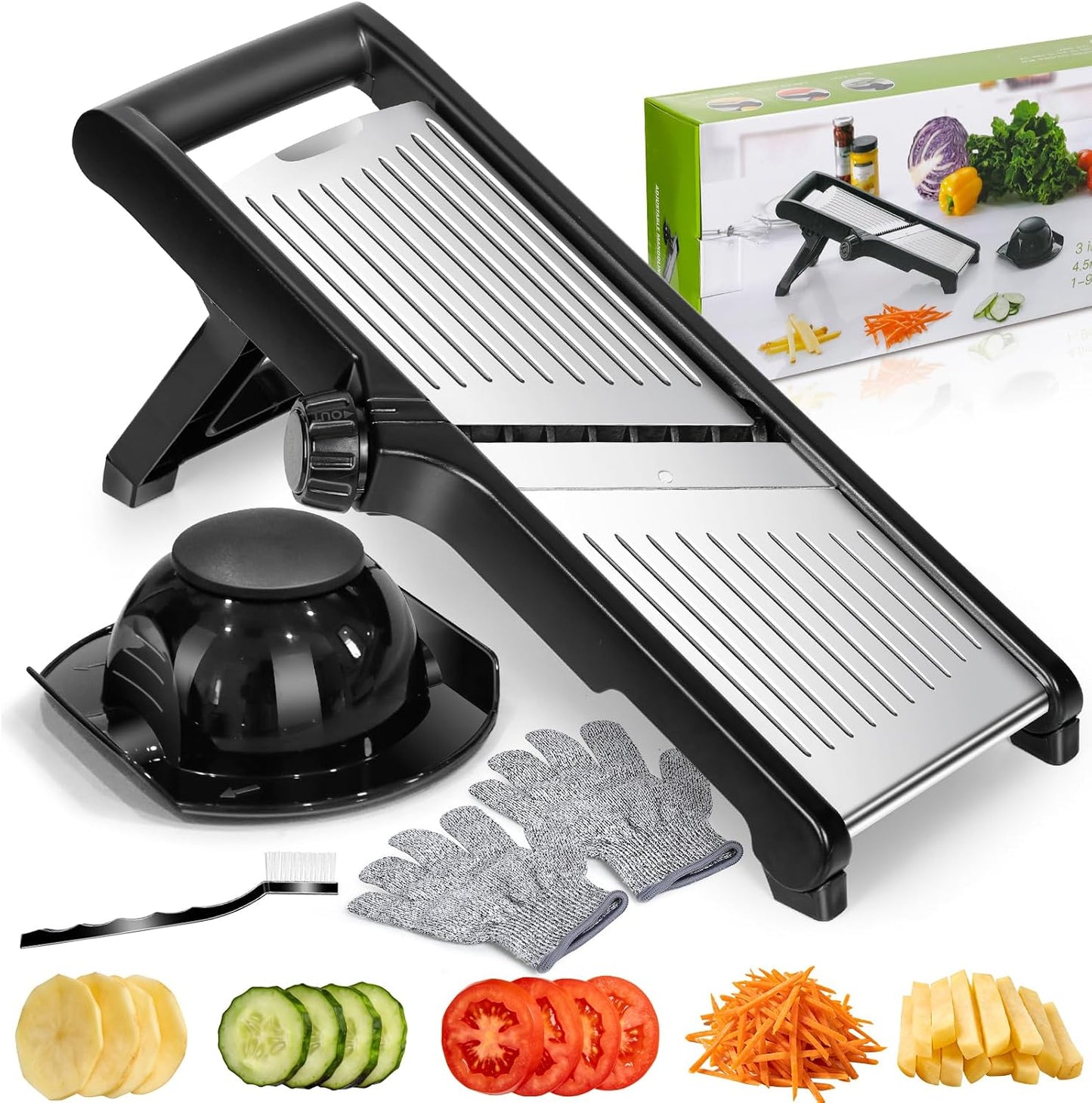 MASTERTOP Mandoline Slicer, 5 in 1 Mandoline Food Slicer, Dishwasher Safe | Stainless Steel Mandoline Slicer, Adjustable Vegetable Slicer for Fruit, Cheese, Send Cut Proof Gloves & Cleaning Brush