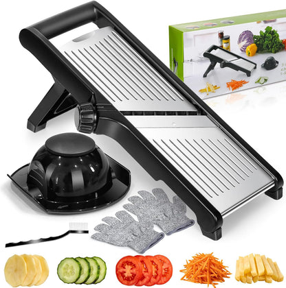 MASTERTOP Mandoline Slicer, 5 in 1 Mandoline Food Slicer, Dishwasher Safe | Stainless Steel Mandoline Slicer, Adjustable Vegetable Slicer for Fruit, Cheese, Send Cut Proof Gloves & Cleaning Brush