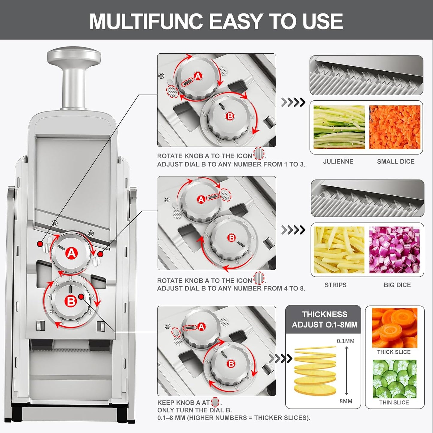 QYKIC Safe Mandoline Slicer for Kitchen, Adjustable Potato Slicer Pro | 0.1-8mm Vegetable Chopper Fry Cutter Julienne Dicer Large Chute Stainless Steel Blades Detachable Dishwasher Safe Gifts