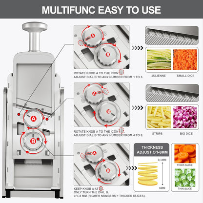 QYKIC Safe Mandoline Slicer for Kitchen, Adjustable Potato Slicer Pro | 0.1-8mm Vegetable Chopper Fry Cutter Julienne Dicer Large Chute Stainless Steel Blades Detachable Dishwasher Safe Gifts