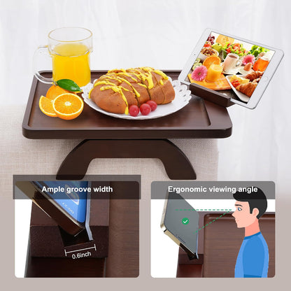 Couch Arm Tray,Bamboo Sofa Clip on Side Table,Foldable Couch Armrest Table with 360°Rotating Phone Holder,Anti Slip Food Trays for Eating/Drinks/Snacks/Remotes 15.35" x 9.85"