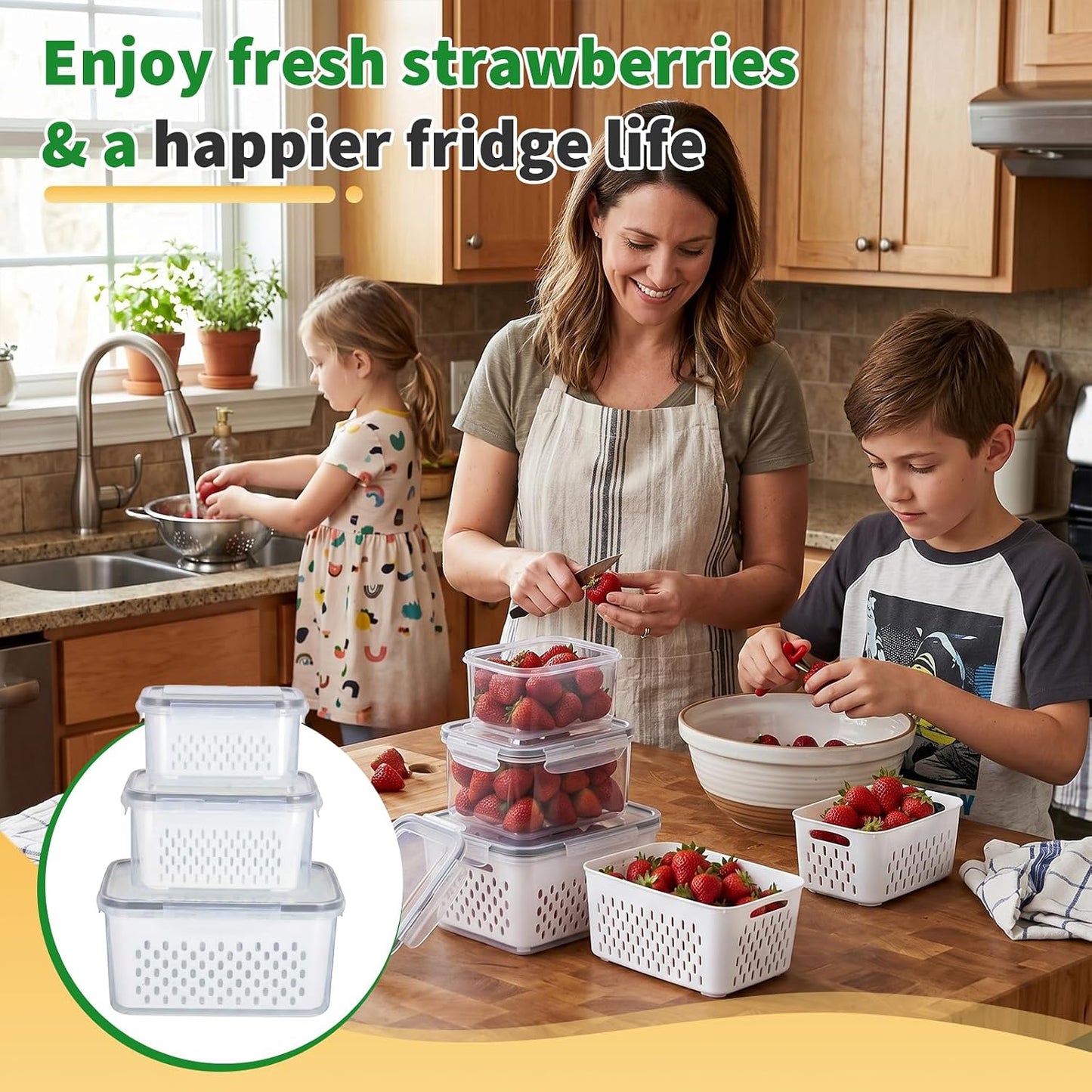 Fruit Storage Containers for Fridge with Removable Colander, 3-Pack Strawberry Containers for Fridge Containers with Lids, Organizers and Storage Keep Strawberries Fresh Twice as Long