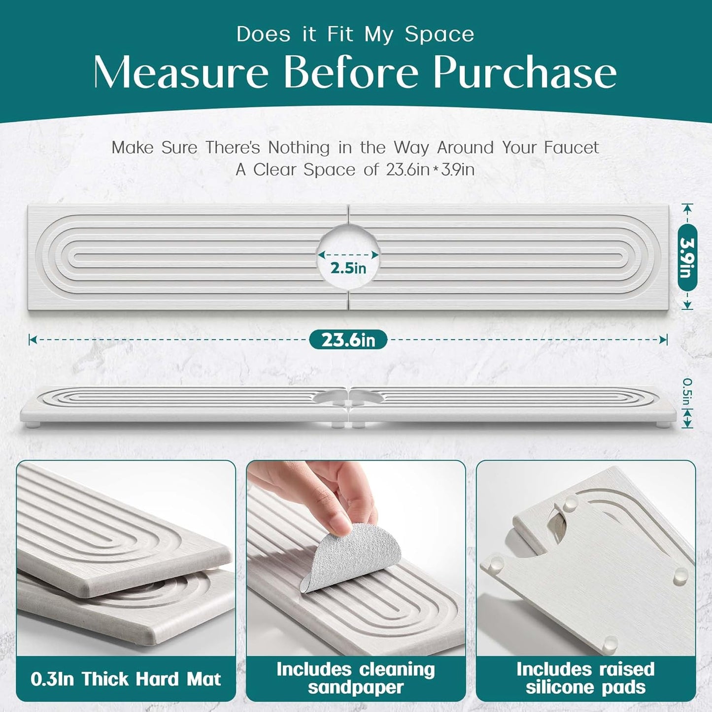 Stone Faucet Mat for Kitchen Sink – Diatomite Drying Stone Mat & Sink Protector, Prevents Moisture – Sink Splash Guard Water-Absorbing Stone Tray for Bathroom Counter (Light Grey, 20" x 3.9")