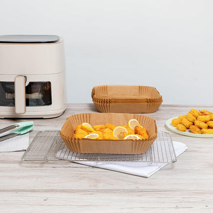 Restaurantware-Pastry Tek 8.1 x 5.5 x 1.8 Inch Air Fryer Liners, 100 Rectangle Air Fryer Baskets - No-Stick Silicone Coating, Unbleached, Food-Grade Paper Liners, For Steamer, Microwave, Oven