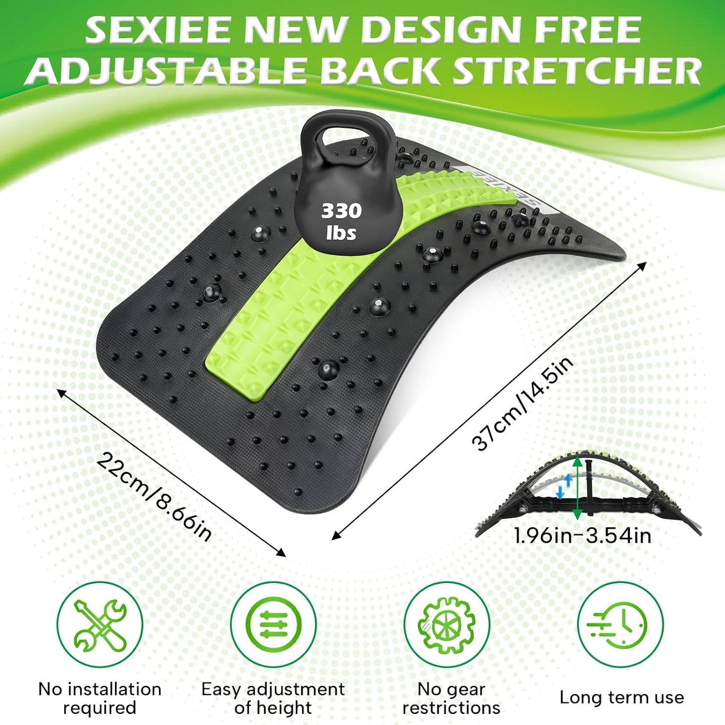 Back Stretcher for Lower Back, Pneumatic Adjustable Lumbar Support Board with 10 Magnets and 90 Massage Points, Daily Back Stretching Device for Home, Office, Yoga and Travel