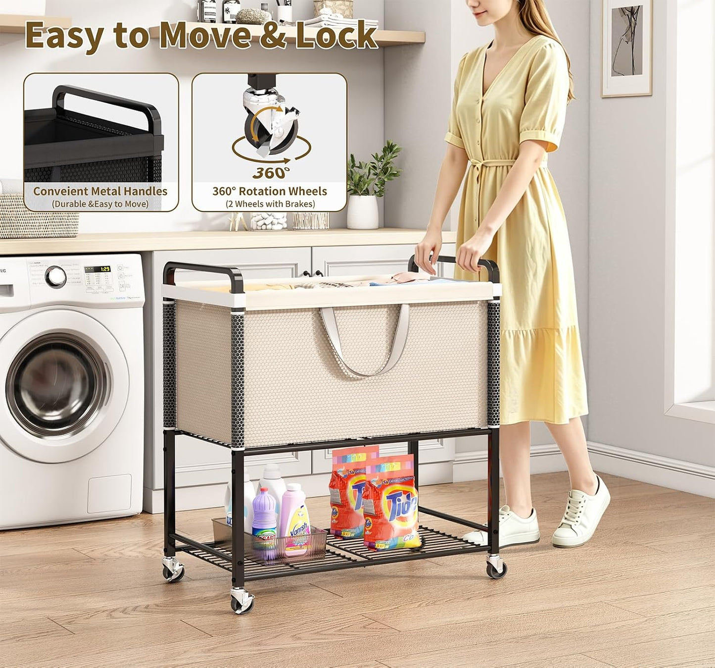 Laundry Hamper Rolling Sorter: 120L Large Basket with Wheels Removable Bag | Solve laundry clutter – rolling sorter with washable bag – Ideal for home, dorm & bedroom organization