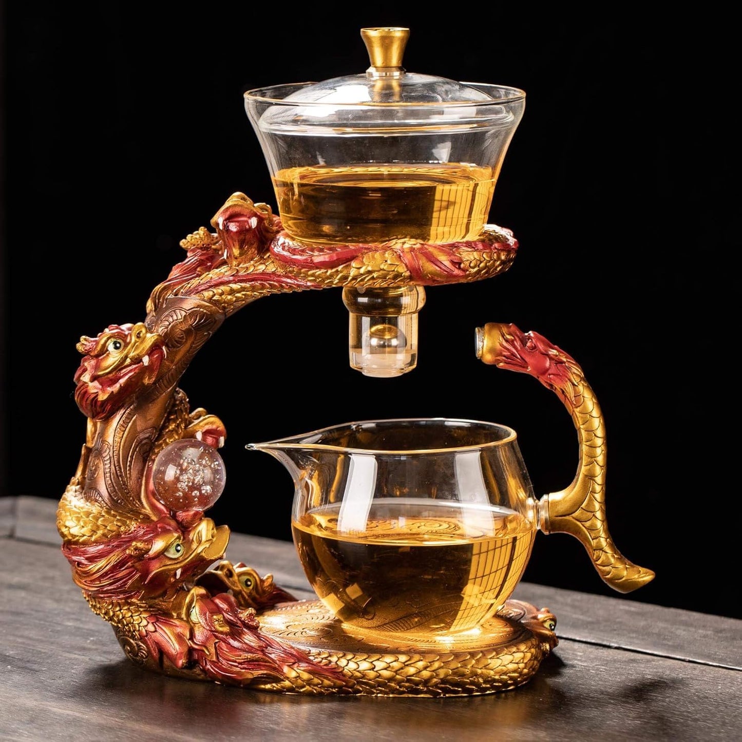Glass Teapot Set with Infuser Semi Automatic Dragon Tea Set (Blue golden teapot)