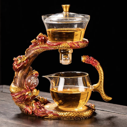 Glass Teapot Set with Infuser Semi Automatic Dragon Tea Set (Blue golden teapot)