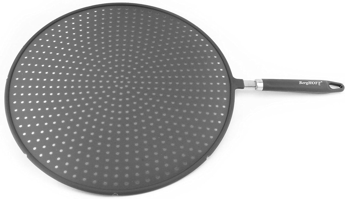 Berghoff Studio 13" Silicone Splatter Screen & Grease Guard, Gray | Heat Resistant Oil Splash Protector for Frying Pan, Multifunctional Kitchen Strainer & Pot Drainer with Stay Cool Handle
