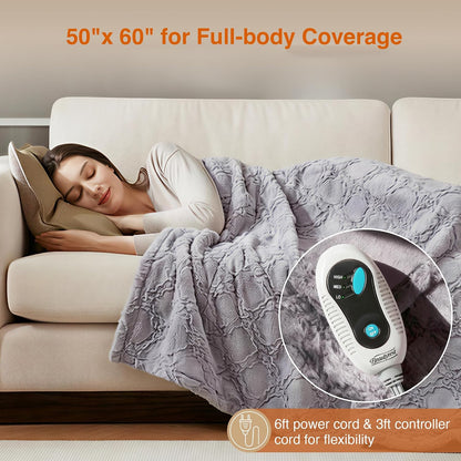 Beautyrest Long Brushed Faux Fur Ogee Textured Design Electric Blanket, Auto Shut Off, Virtually Zero EMF, Multi Heat Setting, UL Certified, Machine Washable, Grey Throw 50x60