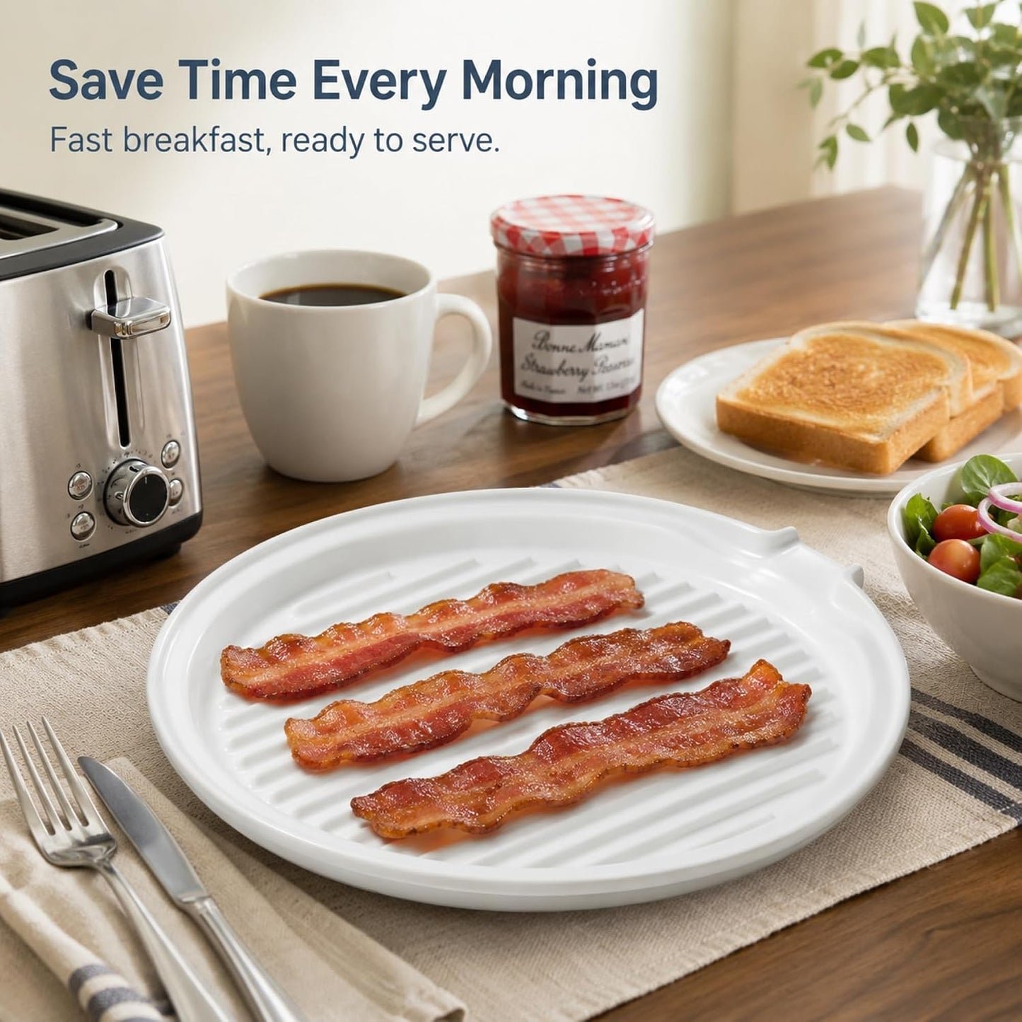 ONEMORE Microwave Bacon Cooker, Ceramic Bacon Tray with Splatter Cover | Meat Rack for Oven Cooking Crispy Bacon Maker with Collapsible Lid - 13 inch Round Bacon Dish Plate, Dishwasher Safe, White