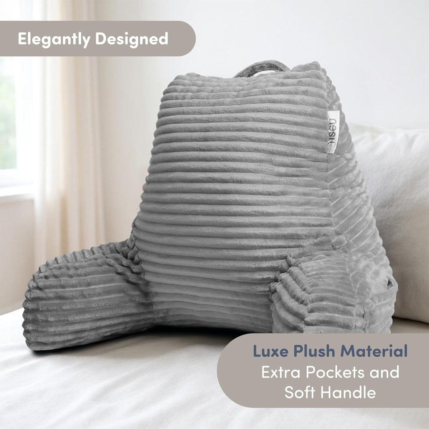 Nestl Reading Pillow with Shredded Memory Foam, Luxe Cut Plush Back Pillow for Sitting Up in Bed, Back and Arms Adjustable Support for Adult & Teens, Backrest Pillows with Washable Cover Dark Grey