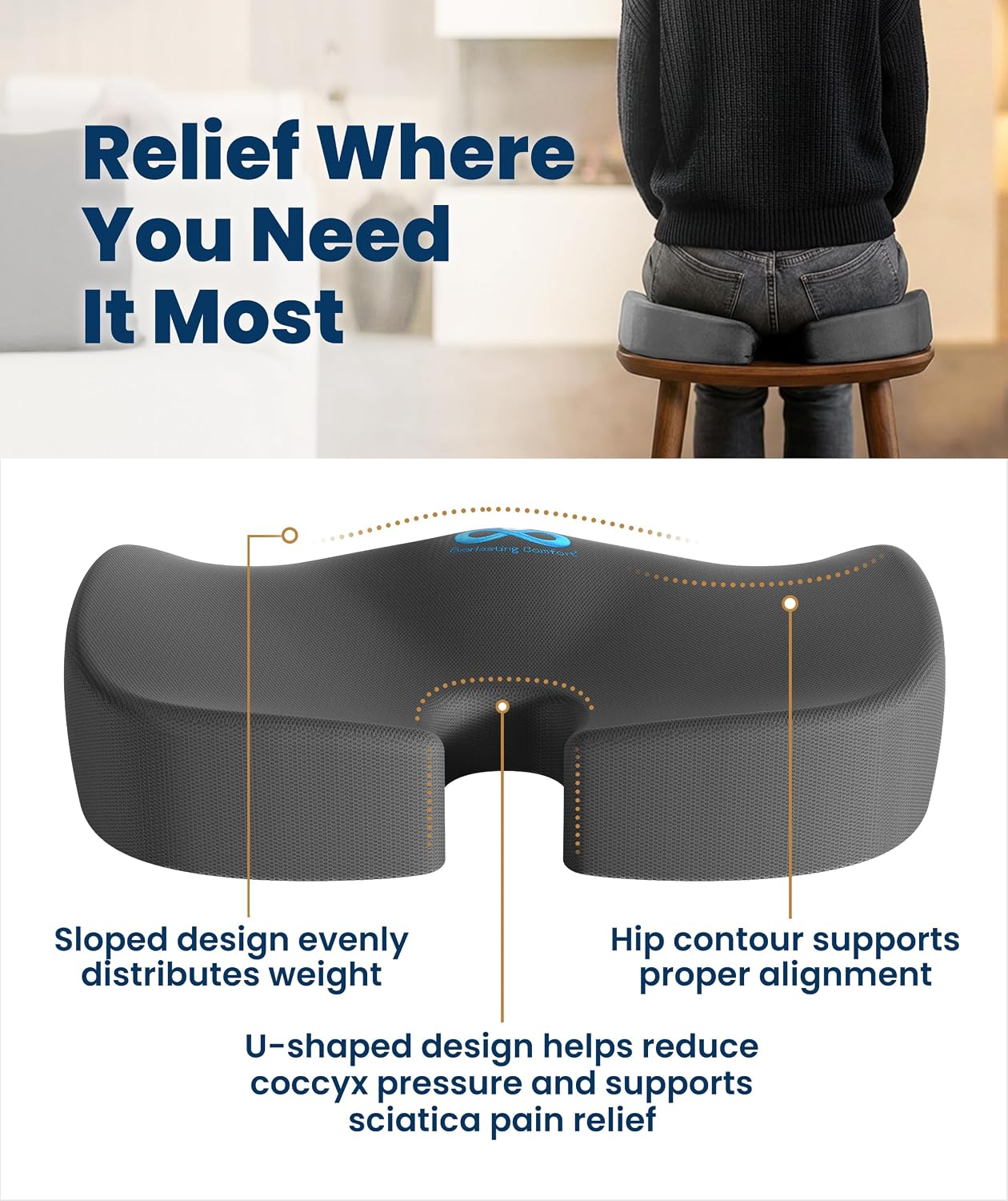 Everlasting Comfort Doctor Recommended Memory Foam Seat Cushion for Office Chairs & Car - Ergonomic Office Desk Accessories - Cushions for Tailbone Pain Relief, Sciatica (Black, Large)